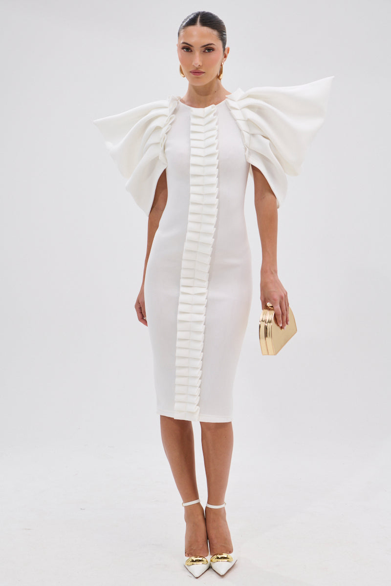 PURE JOY MIDI DRESS WITH DRAMATIC SLEEVE IN WHITE
