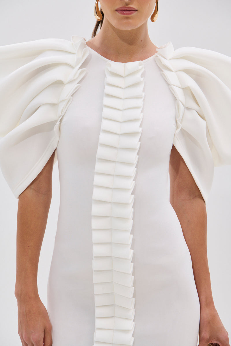 PURE JOY MIDI DRESS WITH DRAMATIC SLEEVE IN WHITE