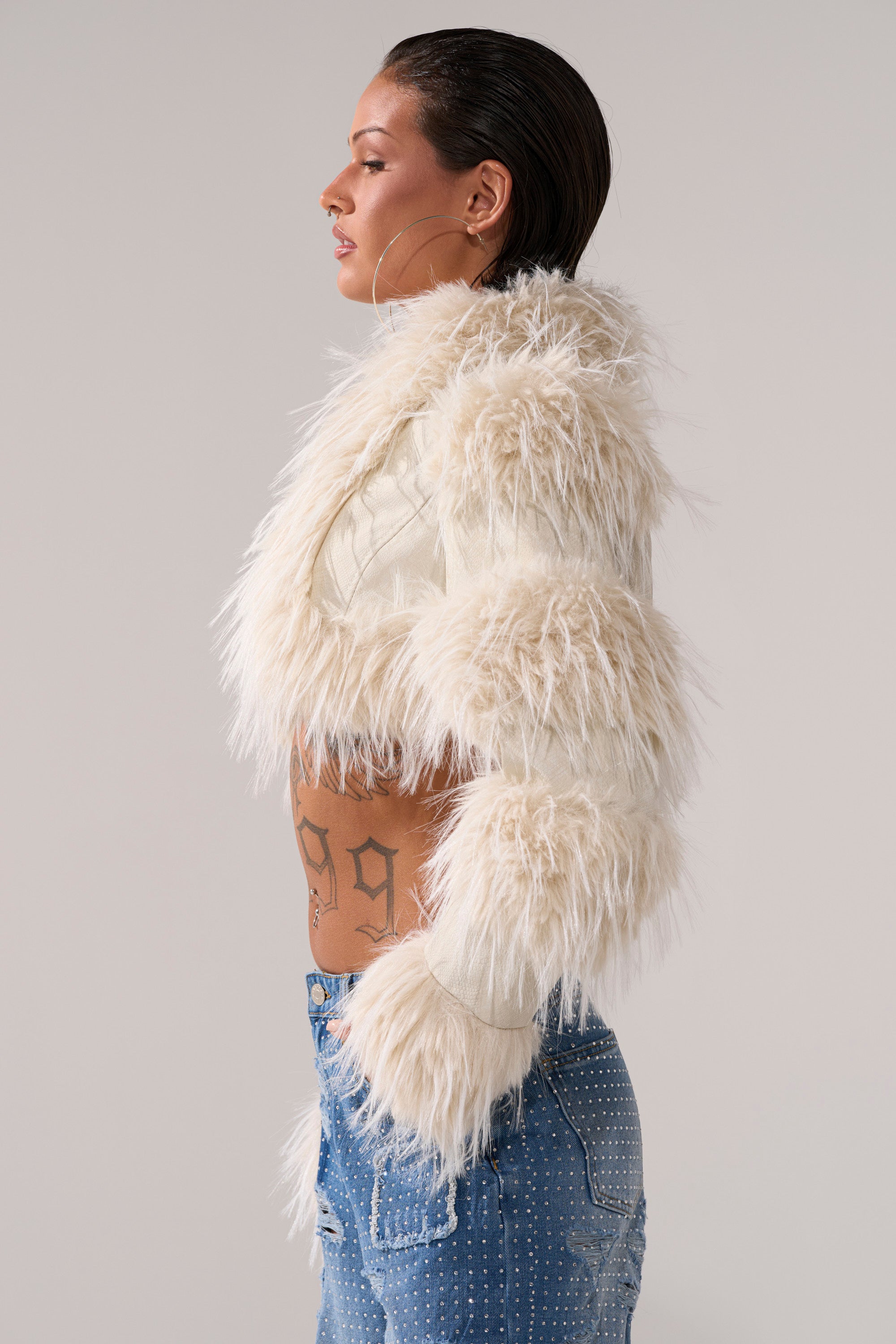 LOVERGIRL ULTRA CROP FUR TRIM MOTO IN IVORY