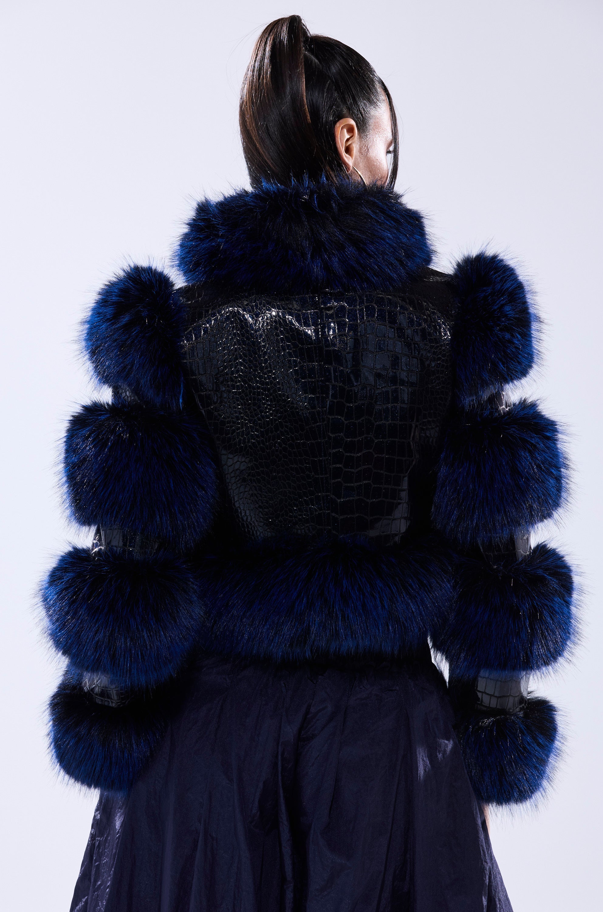LOVERBOY FUR TRIM MOTO IN NAVY CROC