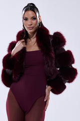 LOVERBOY FAUX FUR MOTO JACKET IN BURGUNDY