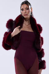 LOVERBOY FAUX FUR MOTO JACKET IN BURGUNDY