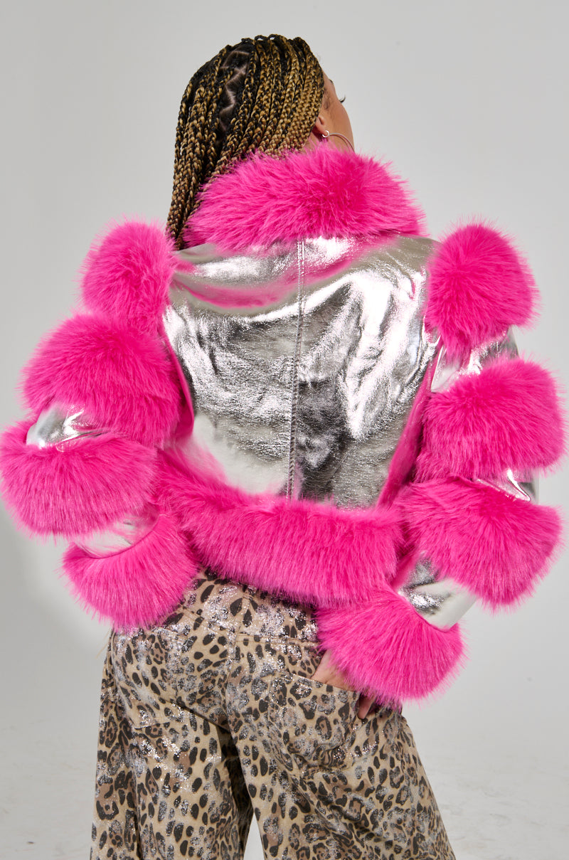 LOVERBOY FAUX FUR MOTO JACKET IN PINK