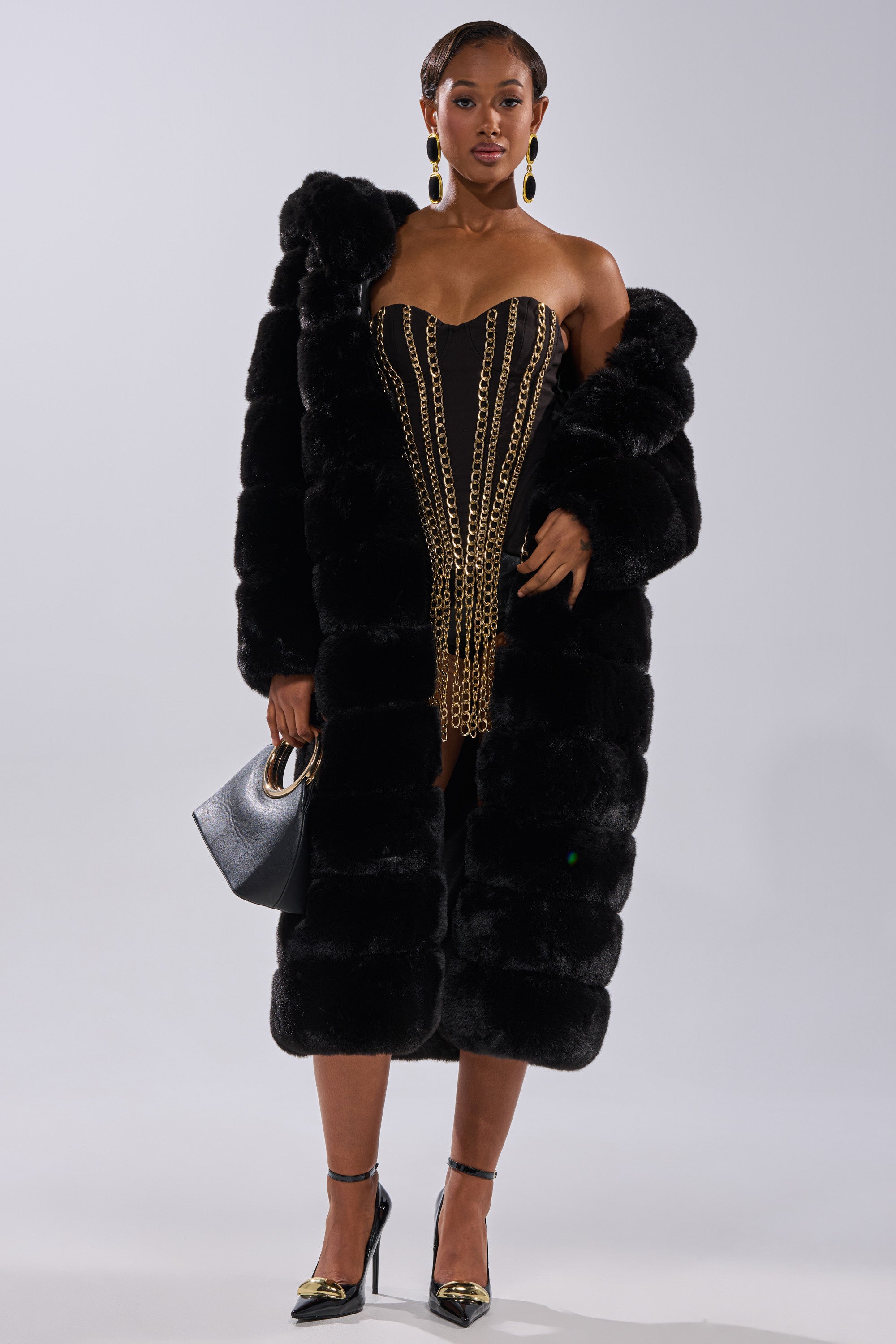 FAUX FUR PANEL HOODED TRENCH IN BLACK