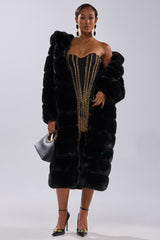 FAUX FUR PANEL HOODED TRENCH IN BLACK