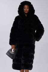 FAUX FUR PANEL HOODED TRENCH IN BLACK
