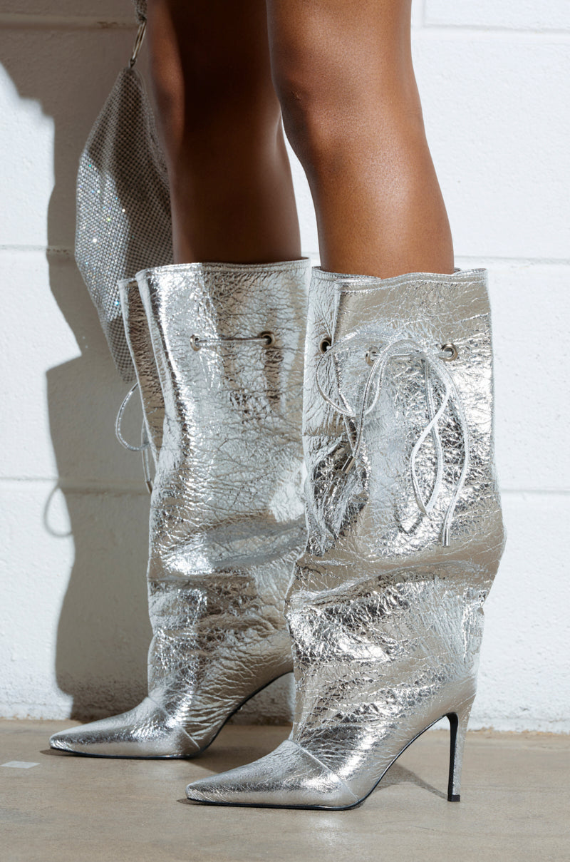 AZALEA WANG MARIT SILVER CRACKLE BOOT WITH CINCHING MECHANISM