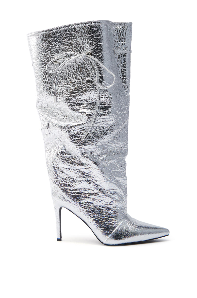 AZALEA WANG MARIT SILVER CRACKLE BOOT WITH CINCHING MECHANISM