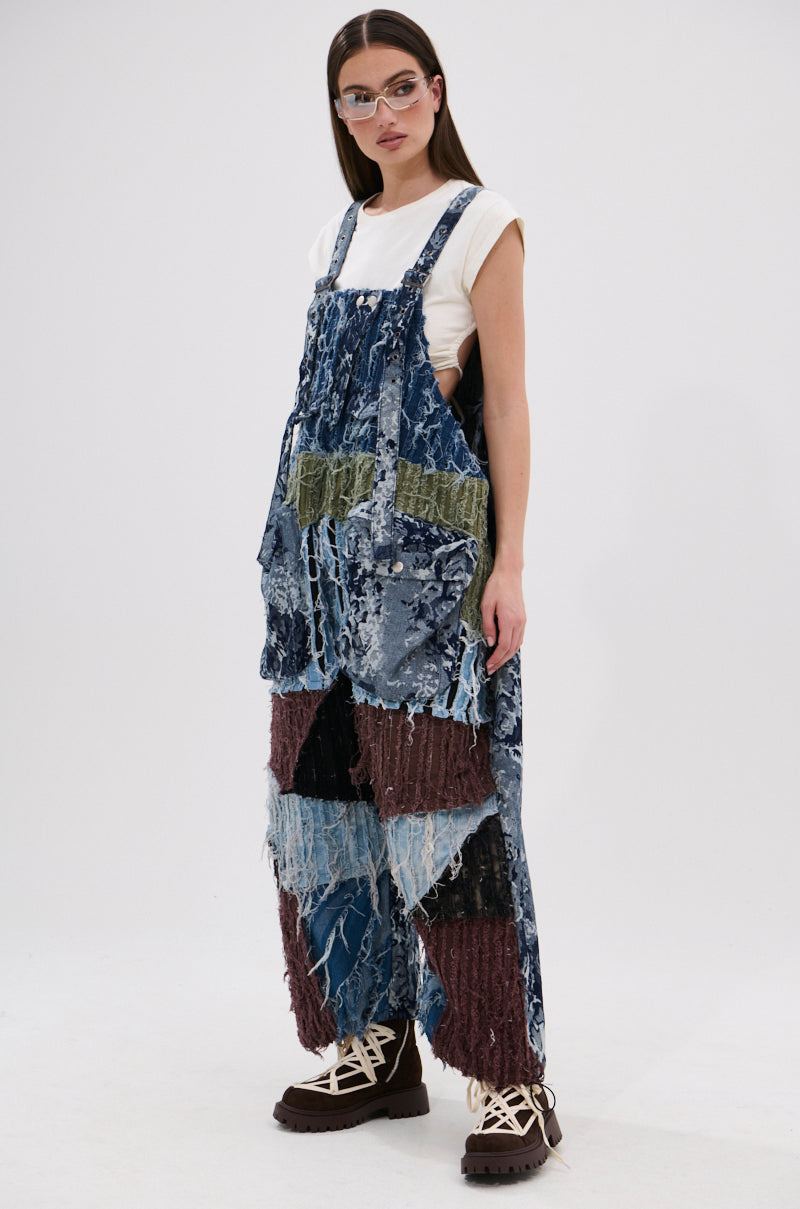 JUST LIKE THAT BAGGY FIT OVERALLS IN PATCHWORK DENIM