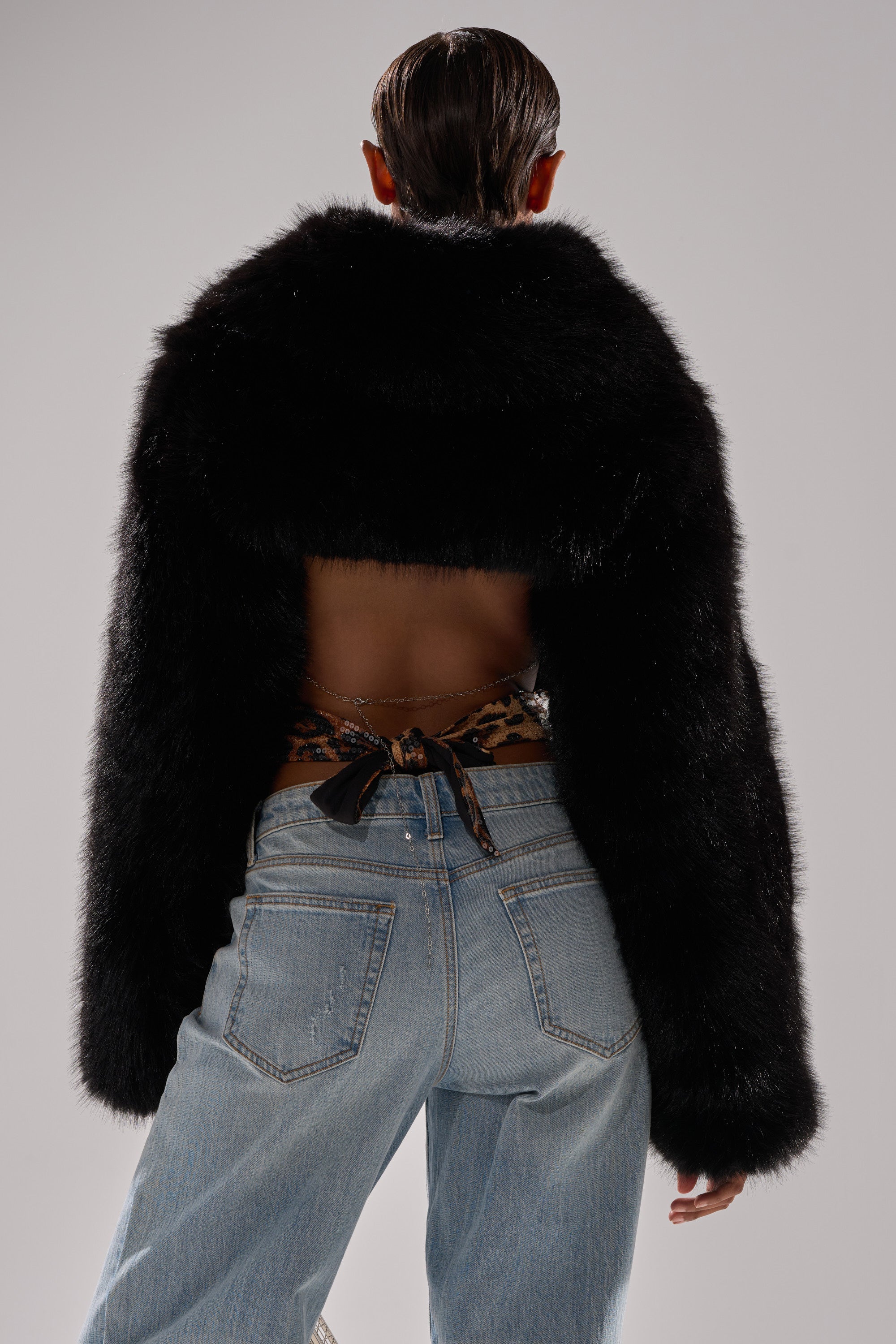 LEILA ULTRA CROP FAUX FUR IN BLACK