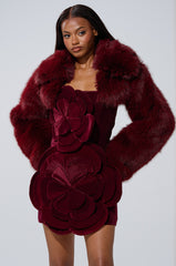 LEILA ULTRA CROP FAUX FUR IN BURGUNDY