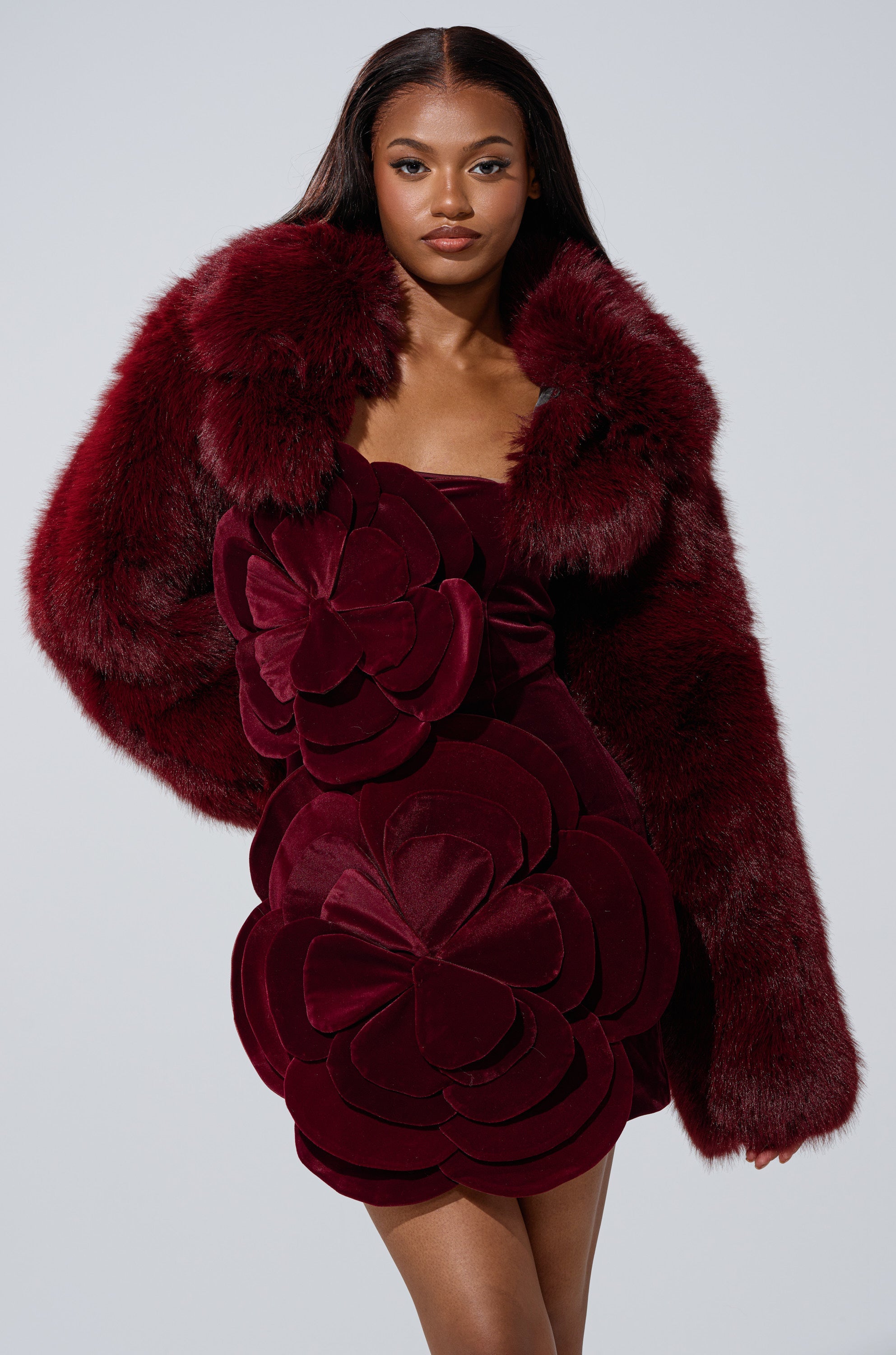 LEILA ULTRA CROP FAUX FUR IN BURGUNDY