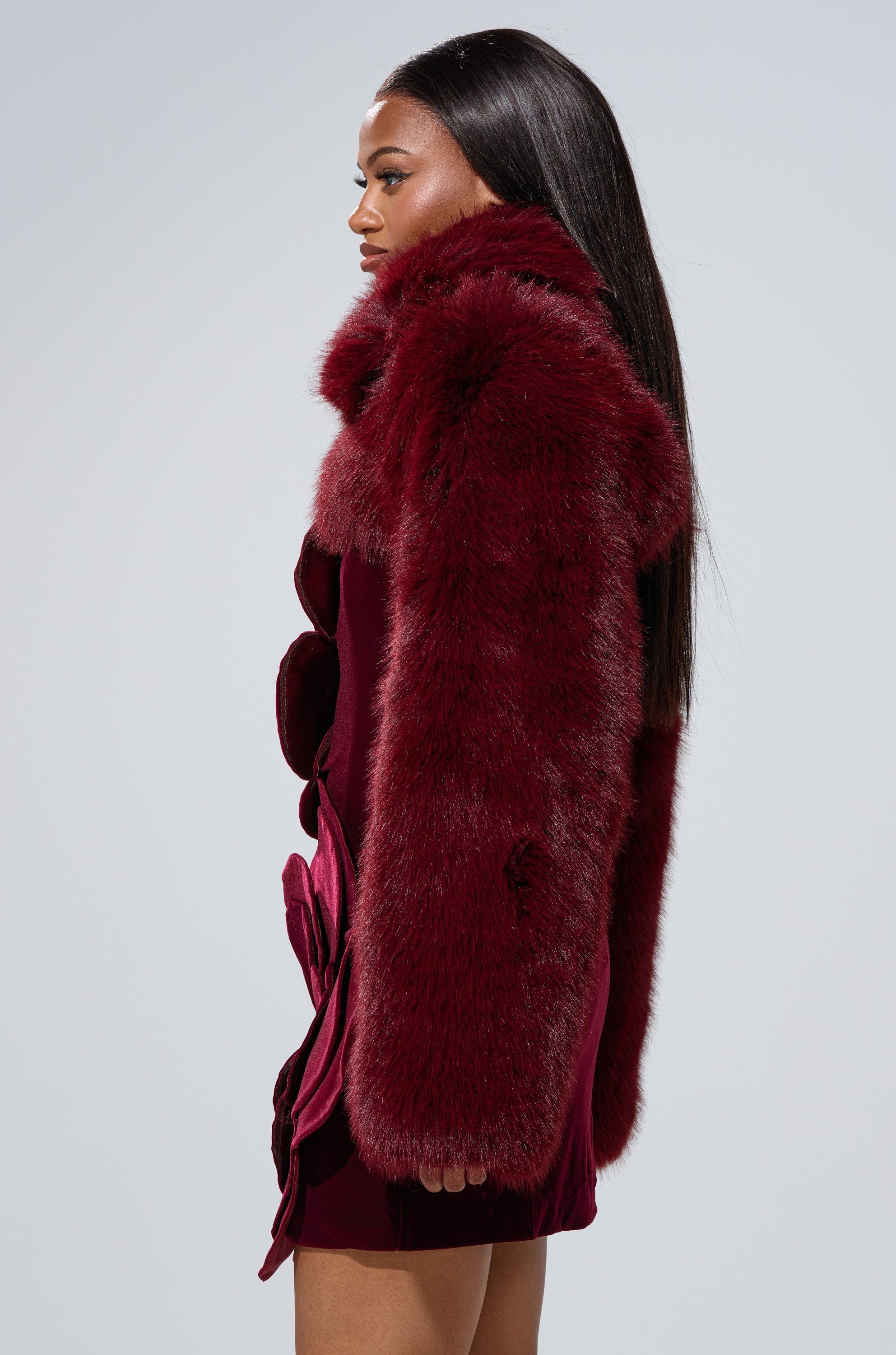 LEILA ULTRA CROP FAUX FUR IN BURGUNDY