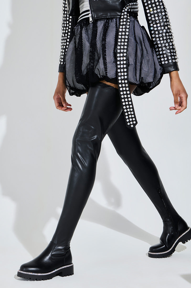 AZALEA WANG NEWRULES RHINESTONE STRETCH PU FLAT BOOT