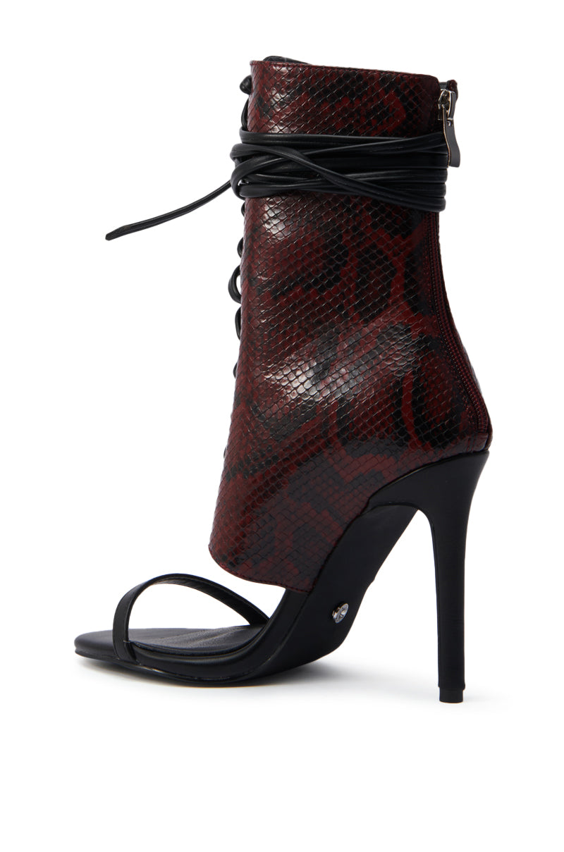 AZALEA WANG NOLYN BURGUNDY SNAKE OPEN TOE BOOTIE