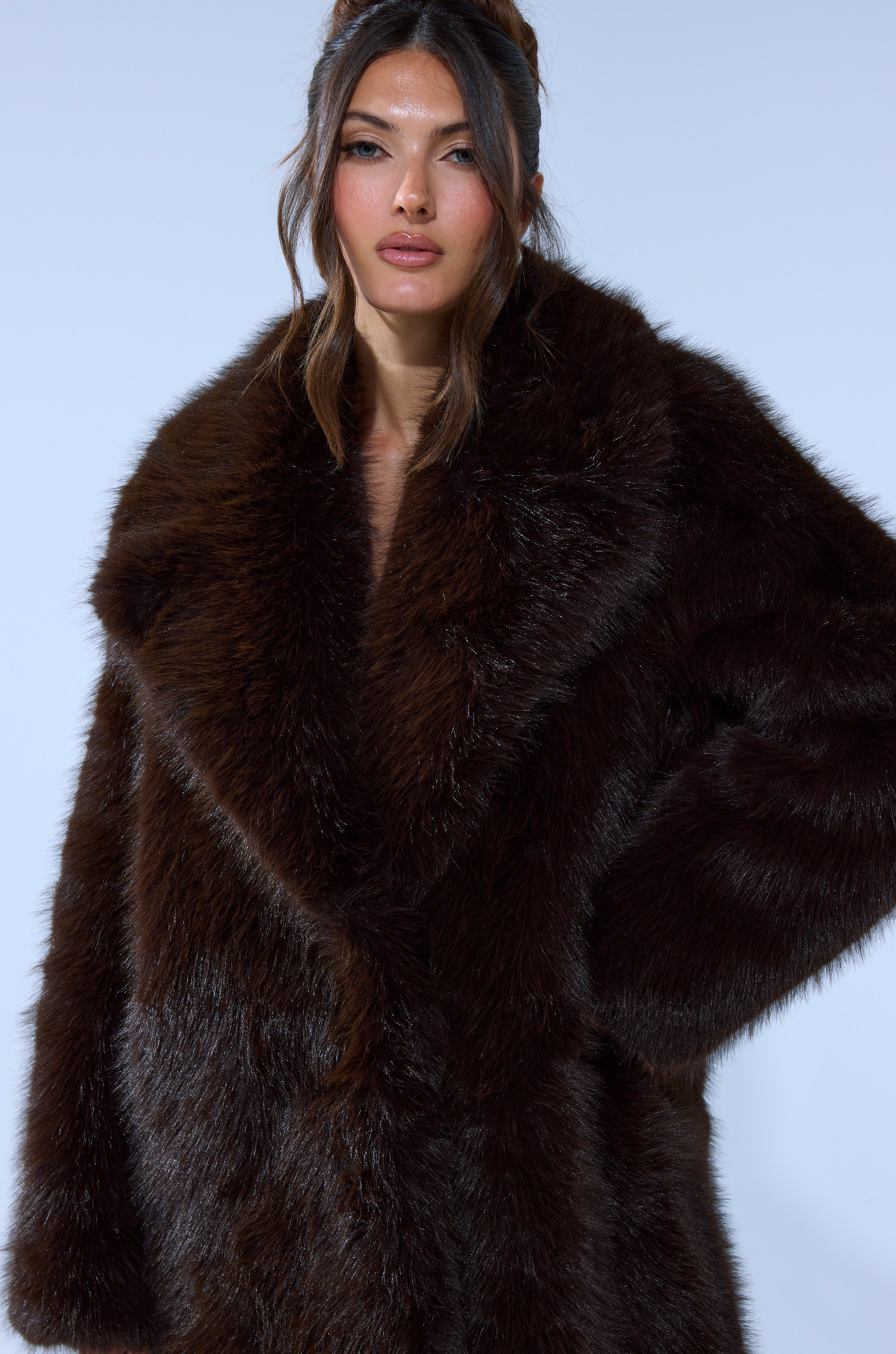 OSLO FAUX FUR COAT IN CHOCOLATE