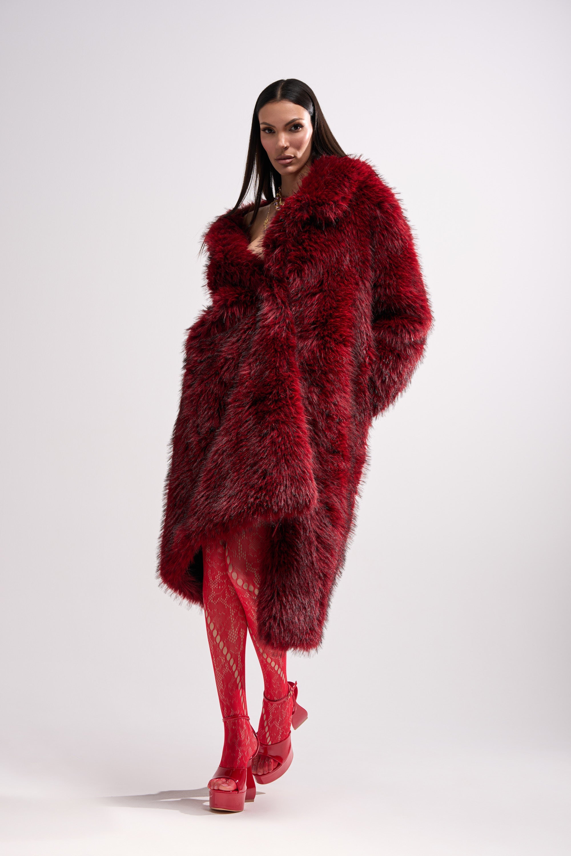 OSLO FAUX FUR COAT IN RED MULTI