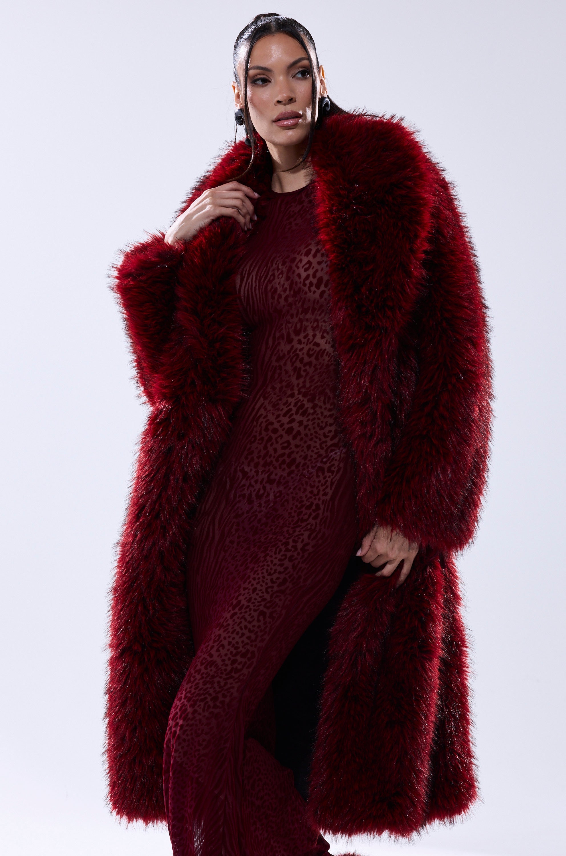 OSLO FAUX FUR COAT IN RED MULTI