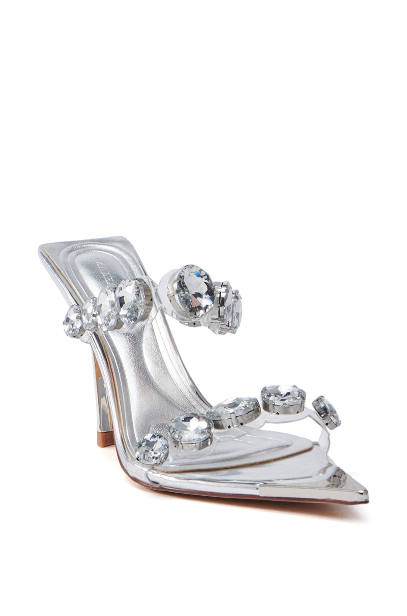 AZALEA WANG PAOLINA SILVER RHINESTONE CHUNKY HEEL SANDAL