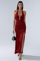 SERPENTI PLUNGE MAXI DRESS IN METALLIC BURGUNDY