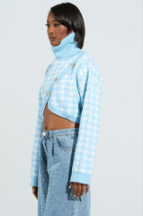 LALA HOUNDSTOOTH PRINT TURTLENECK SWEATER IN BLUE