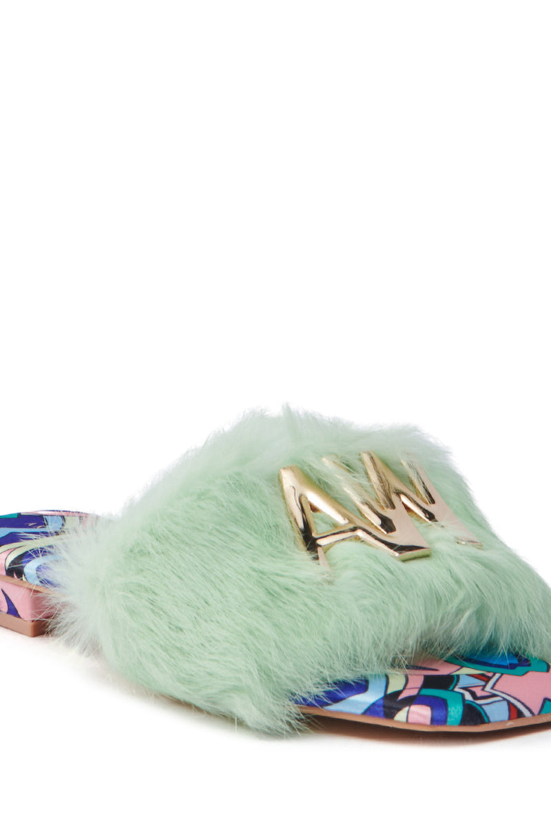 AZALEA WANG RAFAELA GREEN SLIP ON FURRY SANDAL