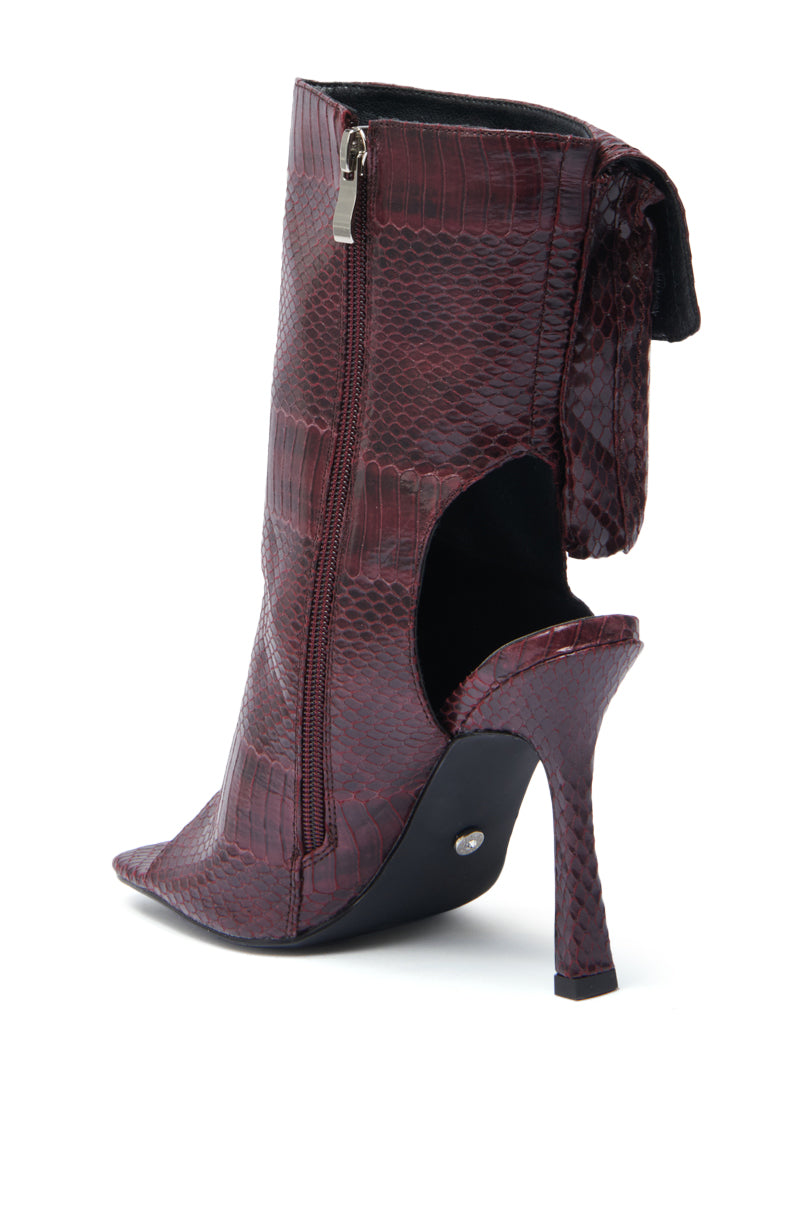 AZALEA WANG RIDWAN BURGUNDY SNAKE OPEN TOE BOOTIE
