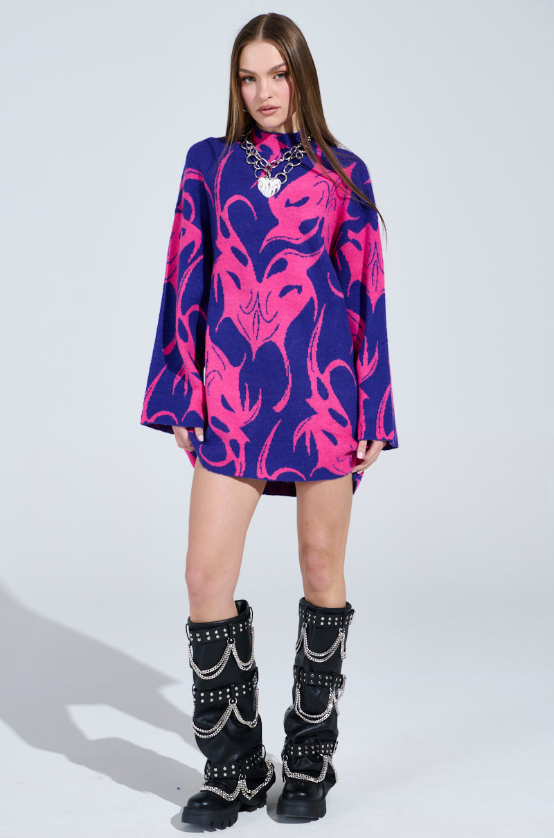 MUSHU GRAPHIC SWEATER DRESS IN BLUE AND PINK