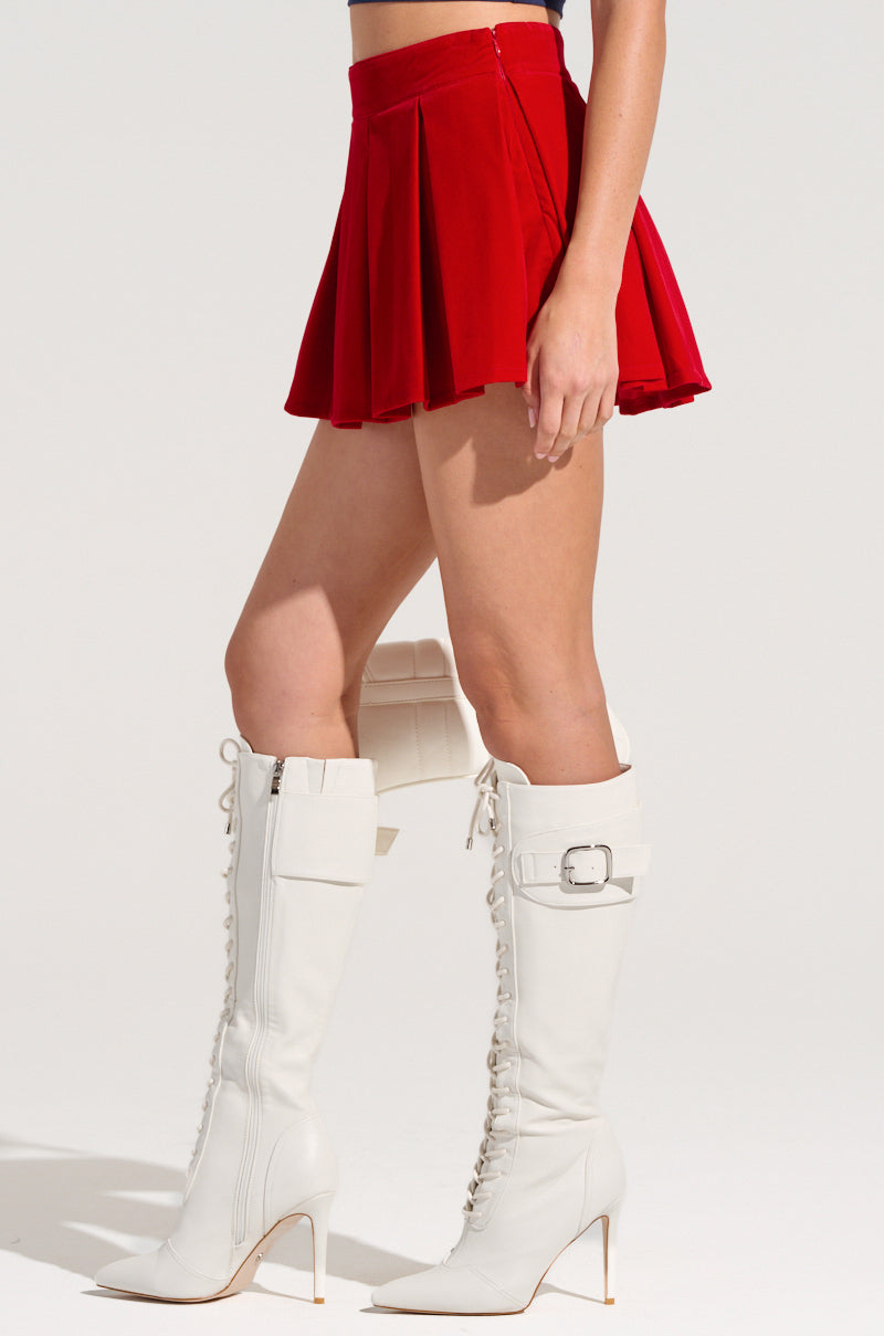 DONT LOOK BACK VELVET MINI SKIRT IN RED