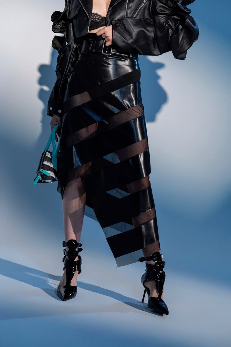 SOMETHING DIFFERENT MESH MIDI SKIRT WITH FAUX LEATHER