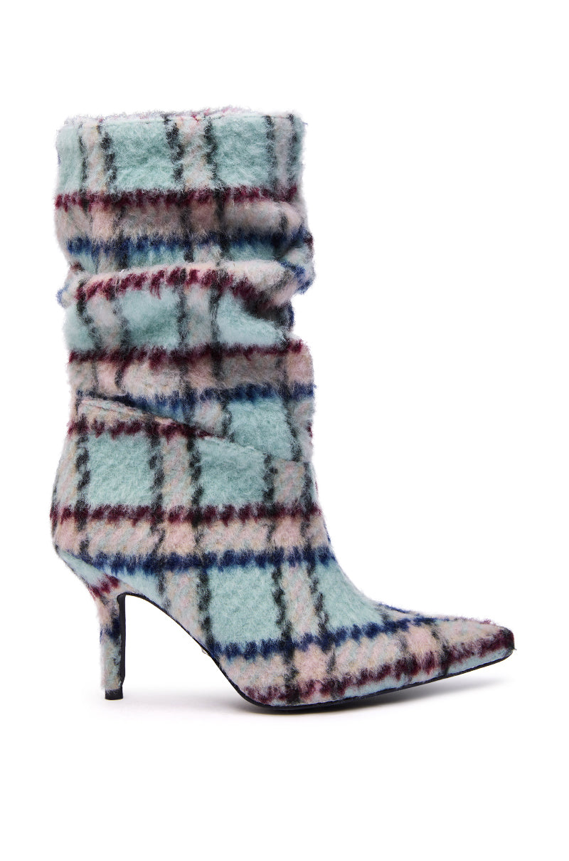 AZALEA WANG SANJIV BLUE MULTI PLAID STILETTO BOOTIE
