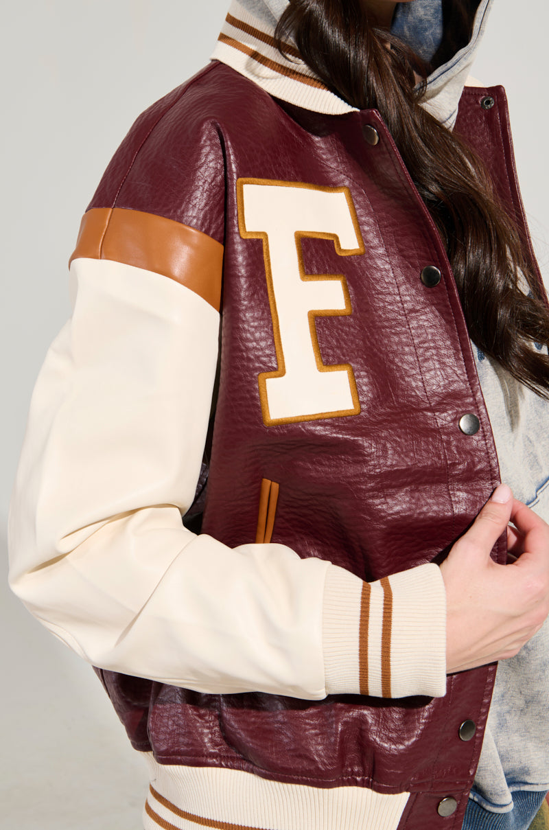 ROCKIT FAUX LEATHER VARSITY BOMBER