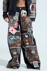 QUEEN OF HEARTS PRINTED AND EMBELLISHED DENIM PANTS