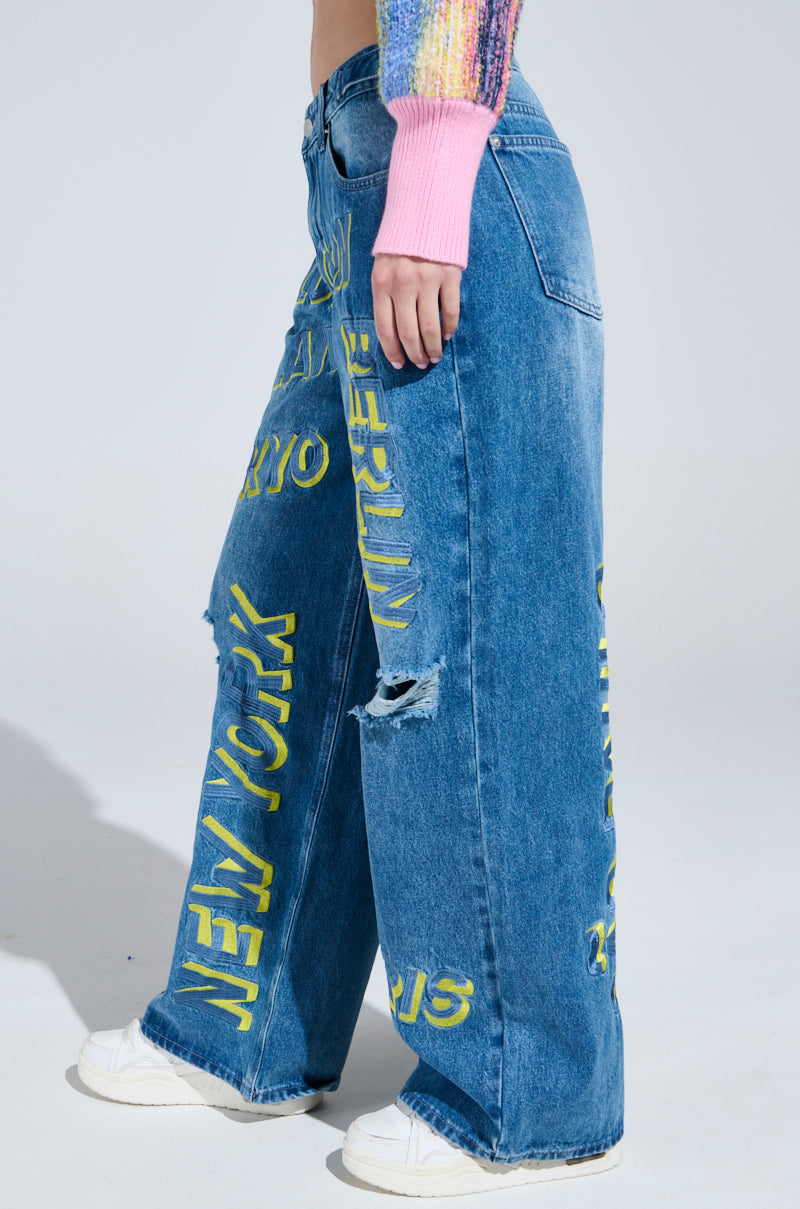JETSETTER EMBROIDERY WIDE LEG JEANS