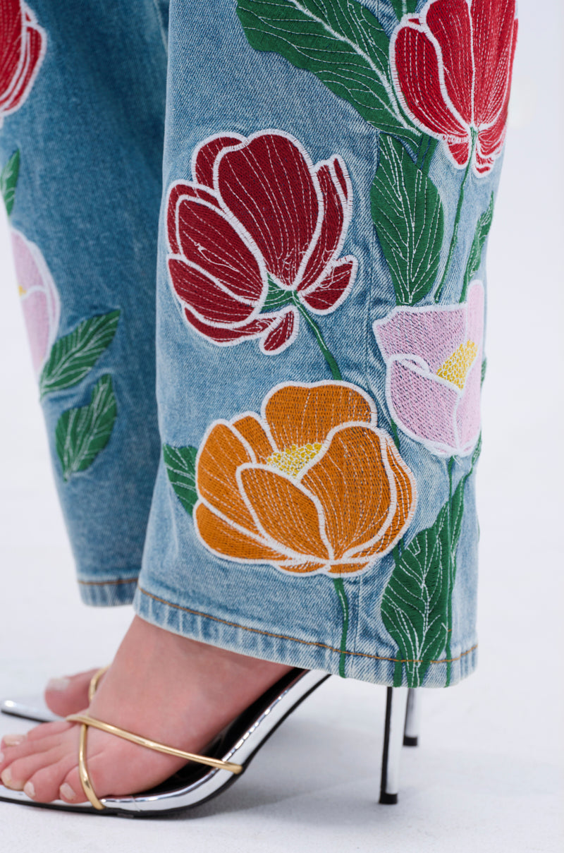 INTO THE GARDEN FLORAL EMBROIDERED DENIM JEANS