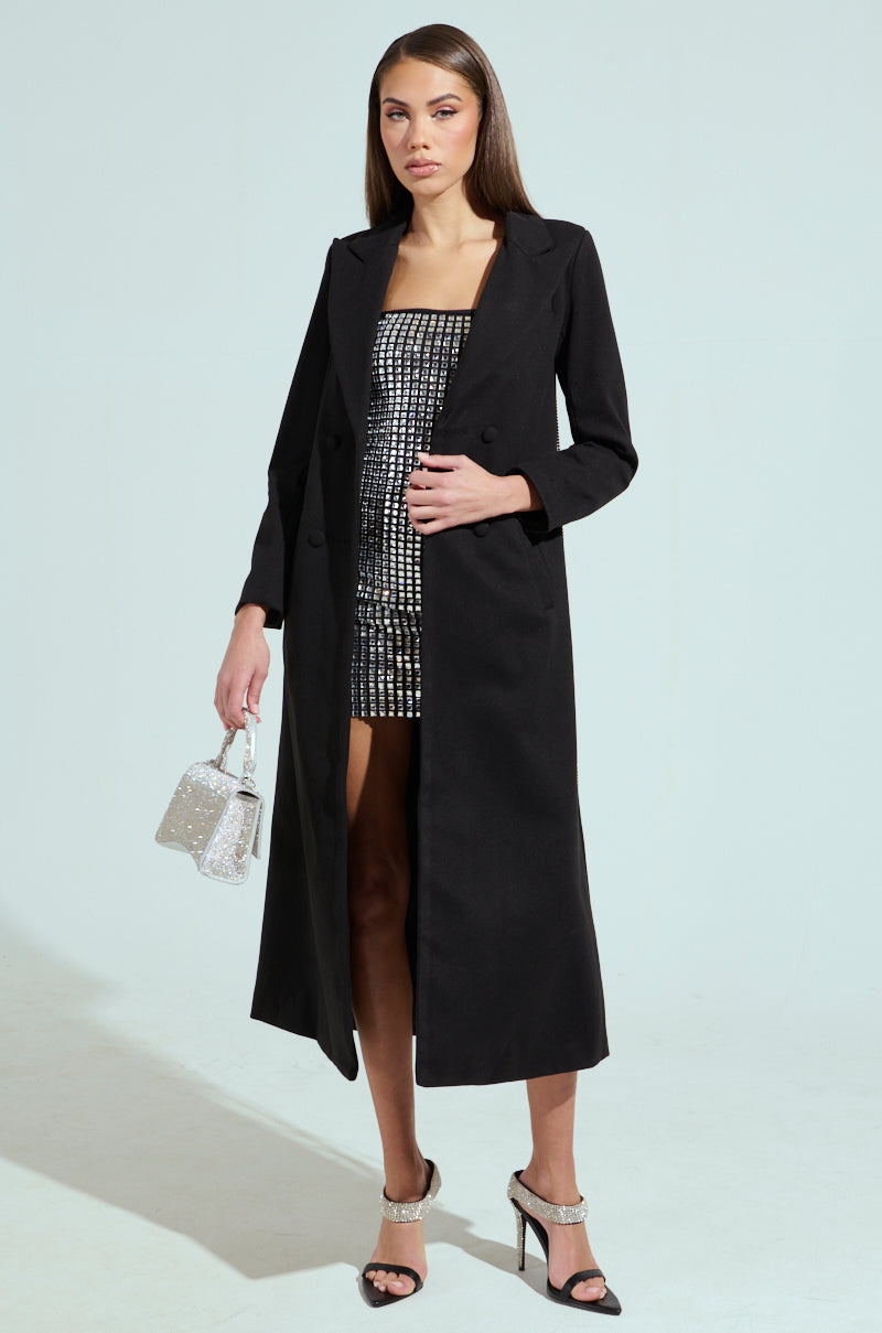 PARTY IN THE BACK RHINESTONE FRINGE TRENCH