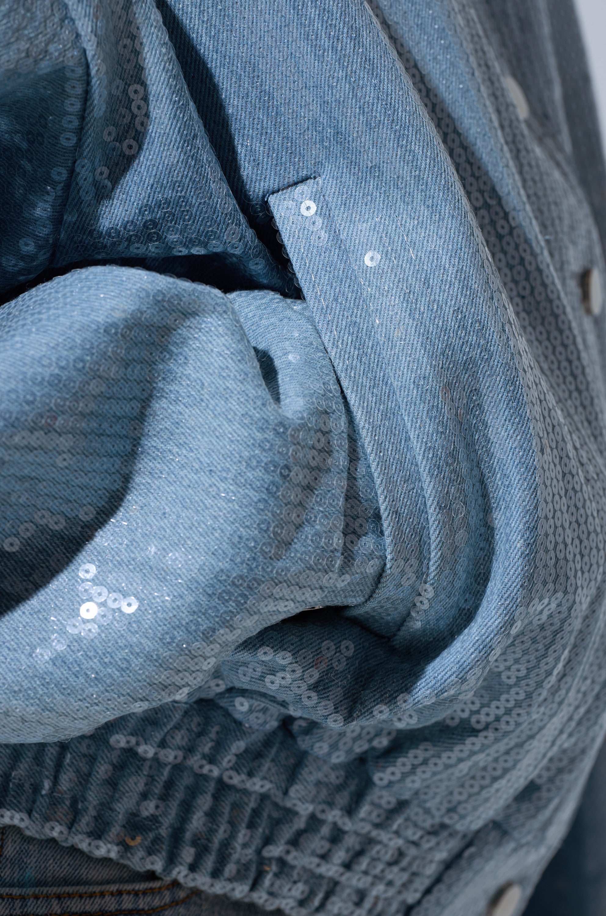 SEQUIN OVERLAY DENIM BOMBER