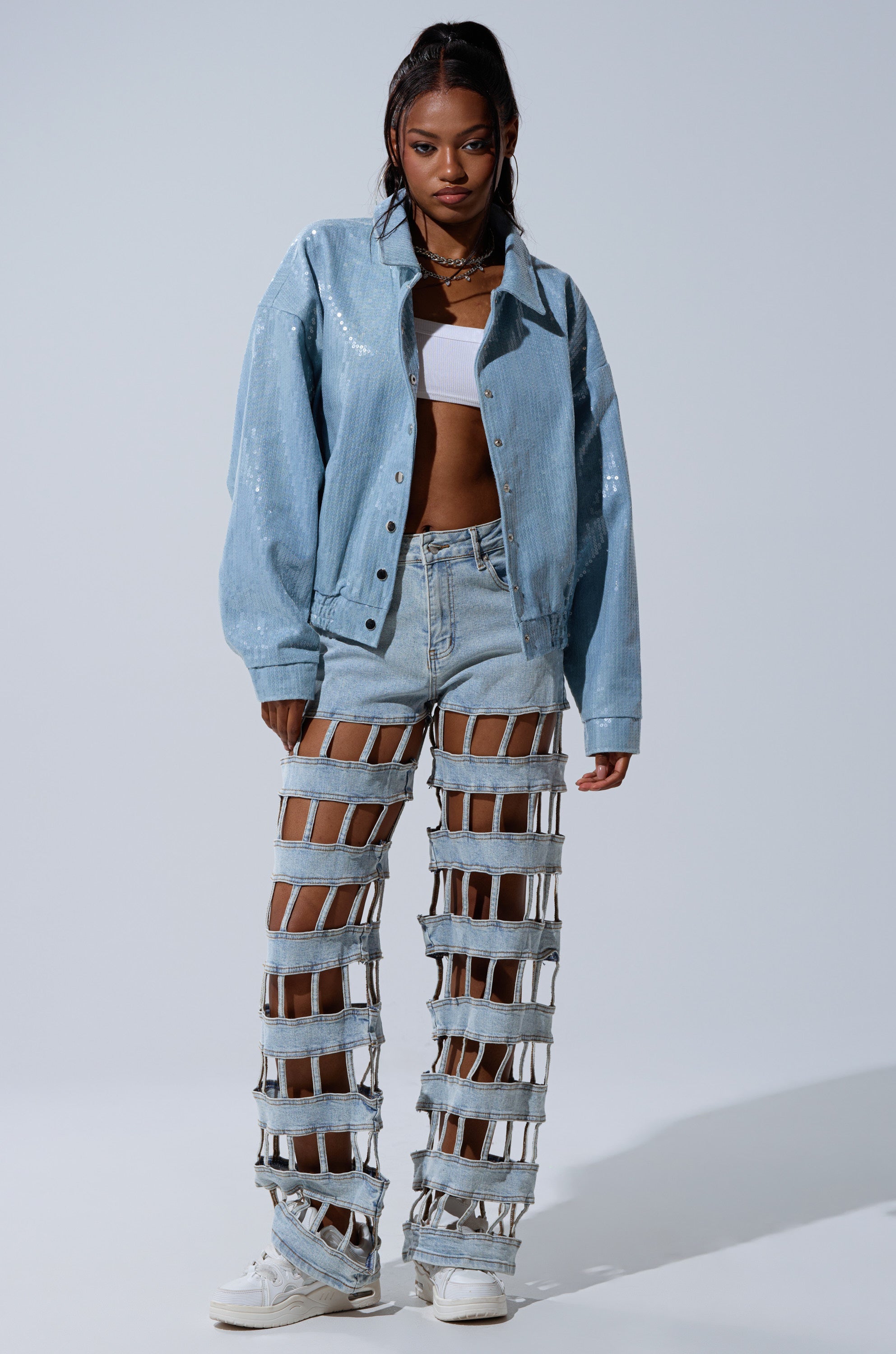 SEQUIN OVERLAY DENIM BOMBER