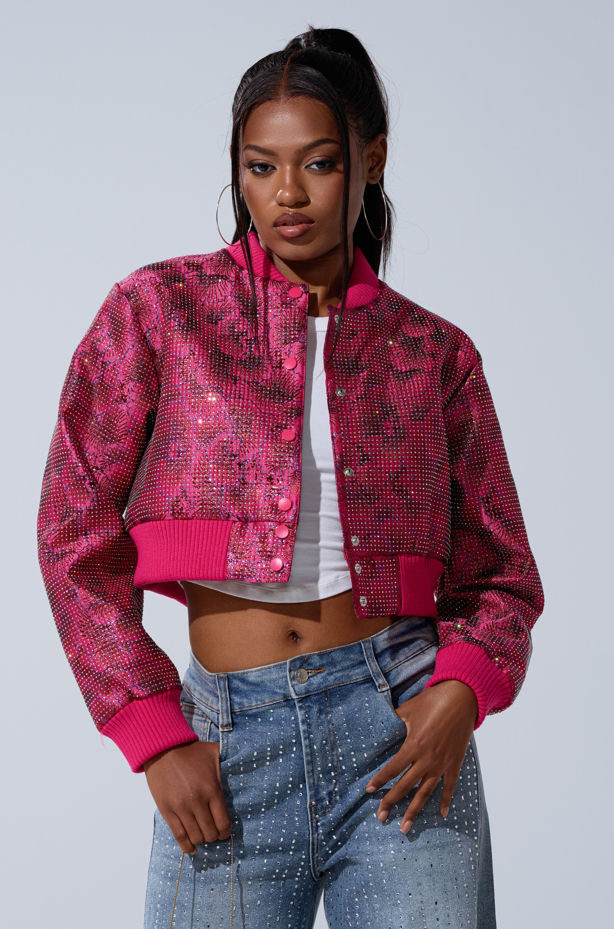 FLEUR RHINESTONE BROCADE BOMBER