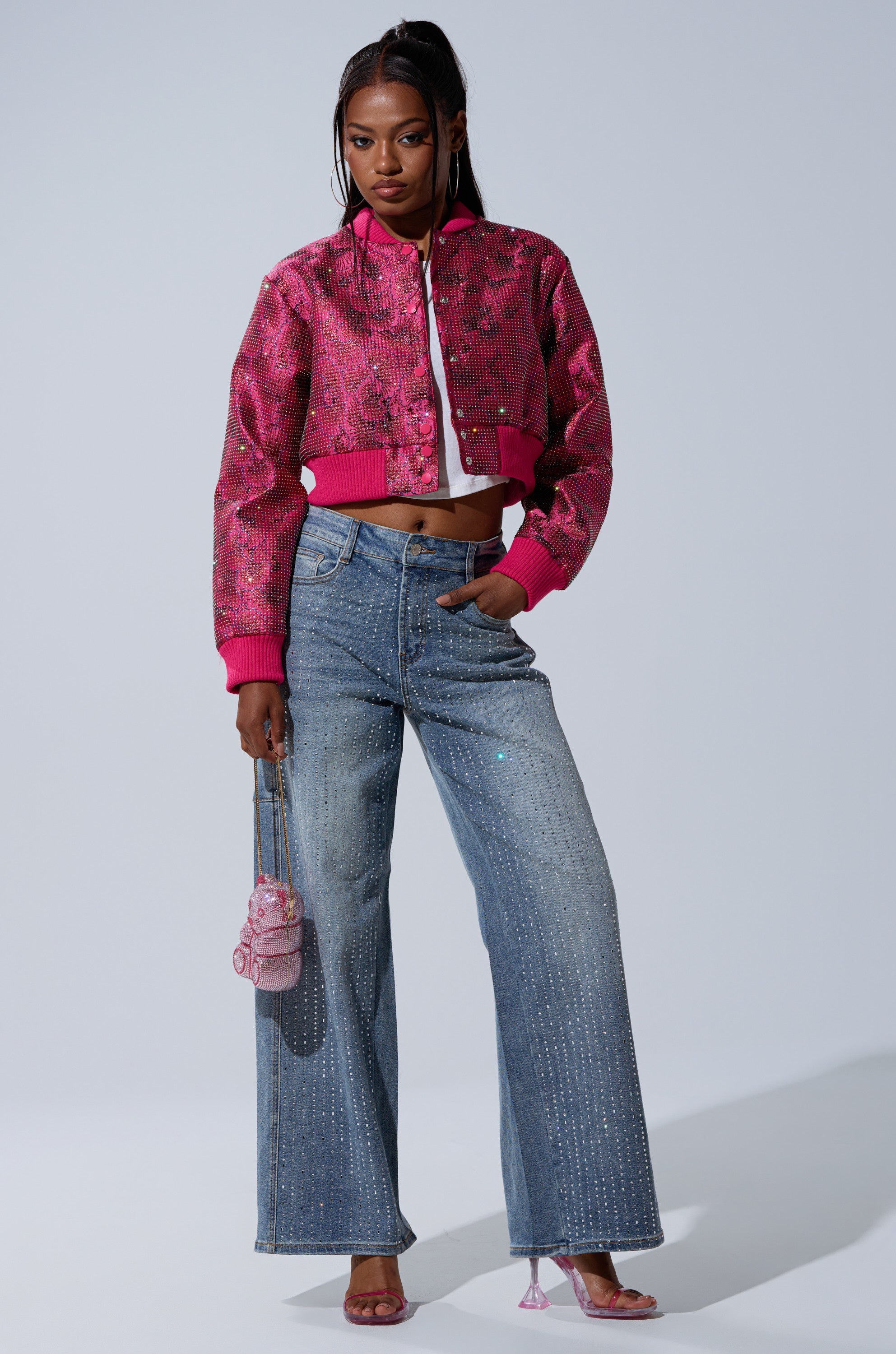 FLEUR RHINESTONE BROCADE BOMBER