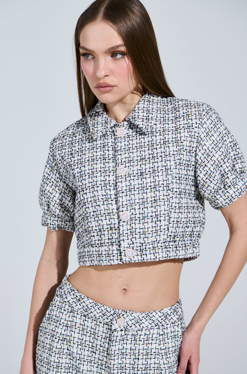 LULU SHORT SLEEVE TWEED BLOUSE