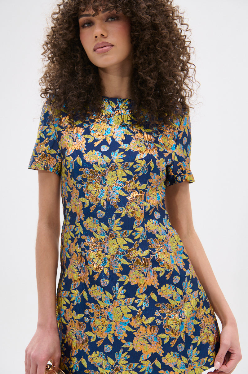 BLUE IS THE NEW BLACK BROCADE MINI DRESS
