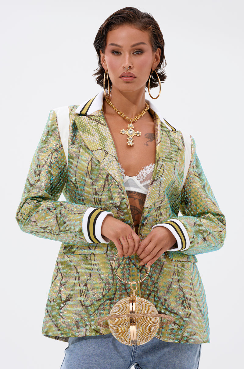 DON'T TRY ME EMBELLISHED BROCADE BLAZER