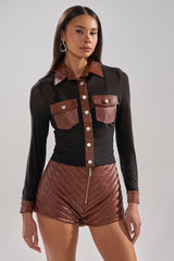 GALAXY MESH BUTTON DOWN WITH FAUX LEATHER TRIM