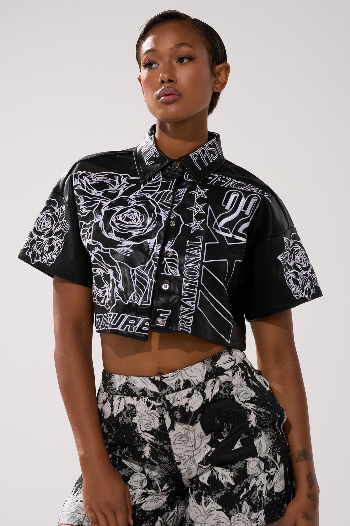 MAKE IT OFFICIAL FAUX LEATHER BUTTON DOWN IN BLACK