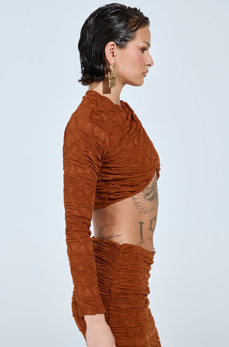 MAYBE NEXT TIME RUCHED LONG SLEEVE TOP IN BROWN