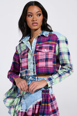 THINK ABOUT ME MORE BUTTON DOWN TOP WITH PLAID DETAILS