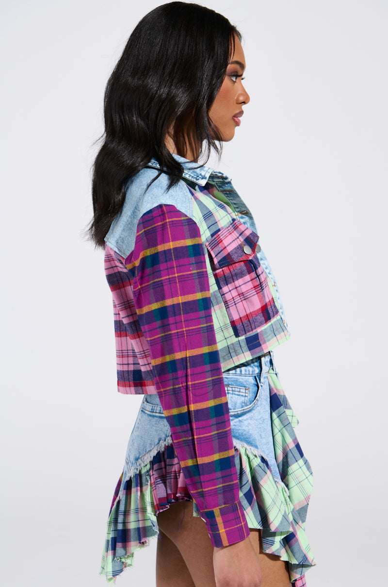 THINK ABOUT ME MORE BUTTON DOWN TOP WITH PLAID DETAILS