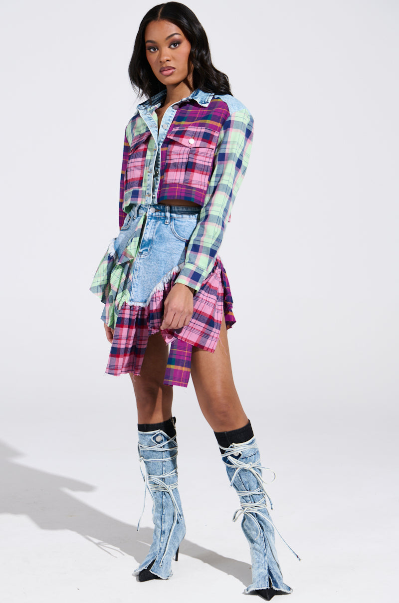 THINK ABOUT ME MORE BUTTON DOWN TOP WITH PLAID DETAILS