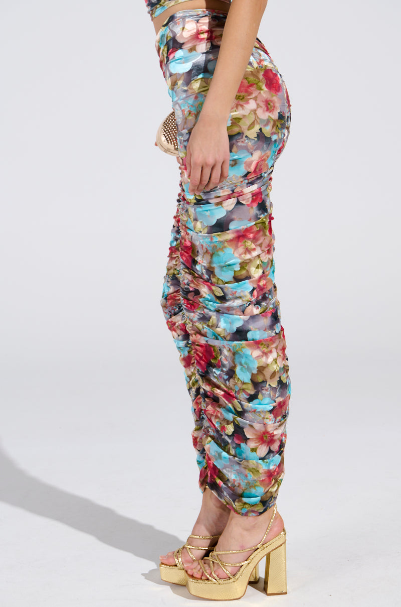 BURNT OUT CRUSHED VELVET RUCHED MAXI SKIRT